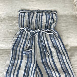 Lost + Wander strapless blue and white striped jumpsuit